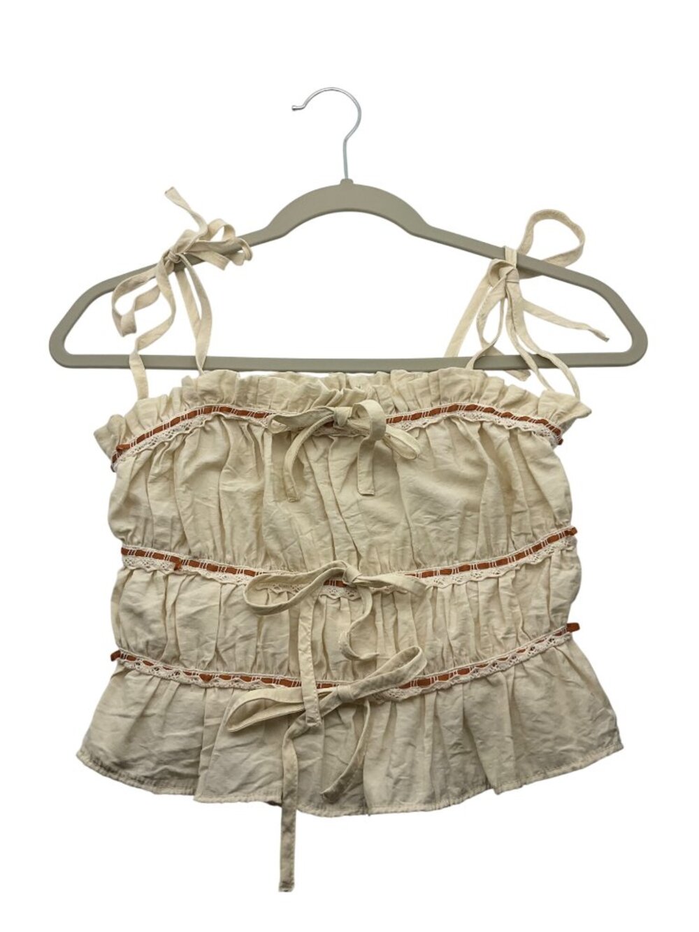 Thirty/Thirty LA S Beige Boho Lace Ribbon Trim Ruffle Bow Tank Top Tie Smocked